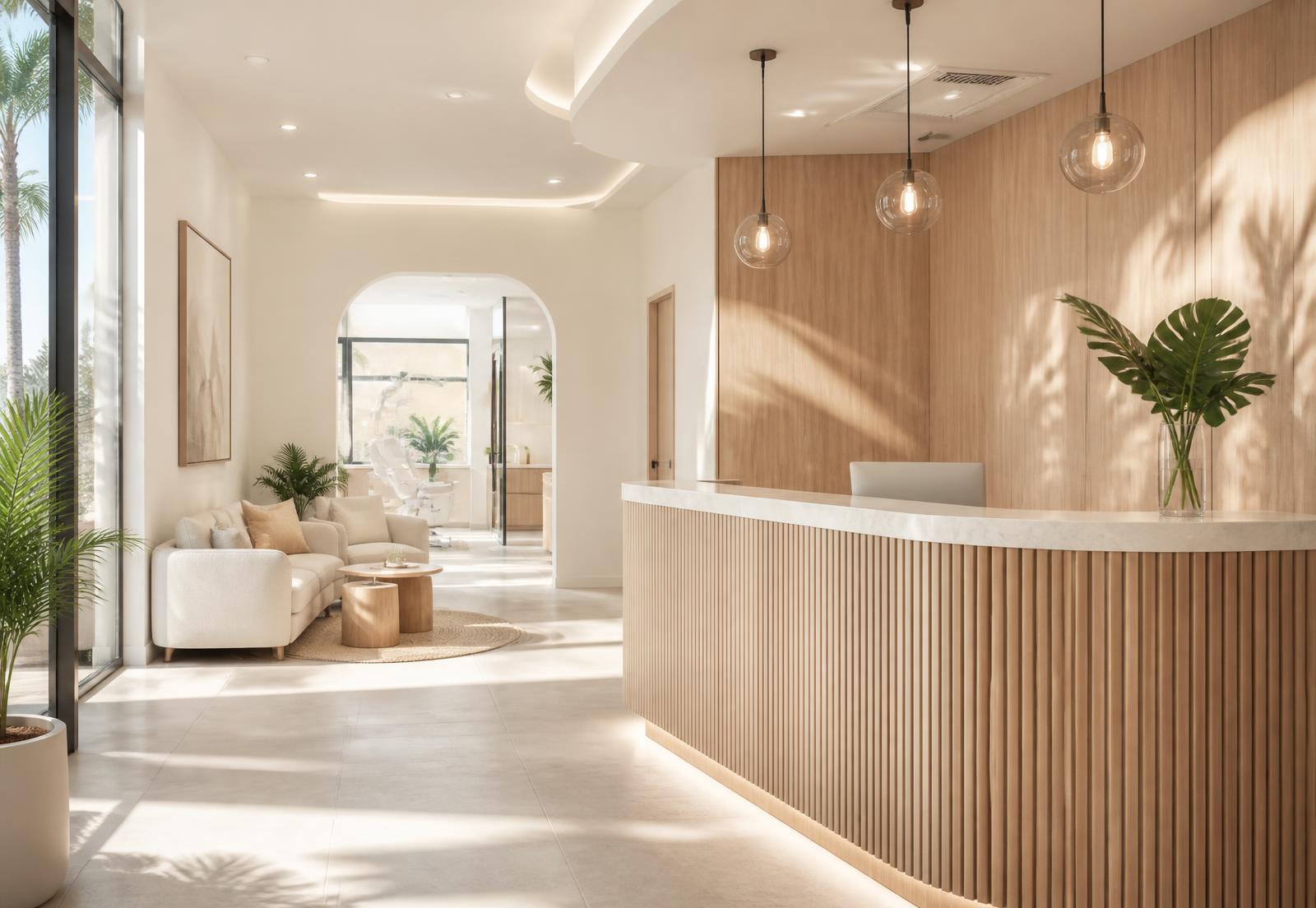 Warm, light-filled waiting area at Polo Dental in West Palm Beach, Florida